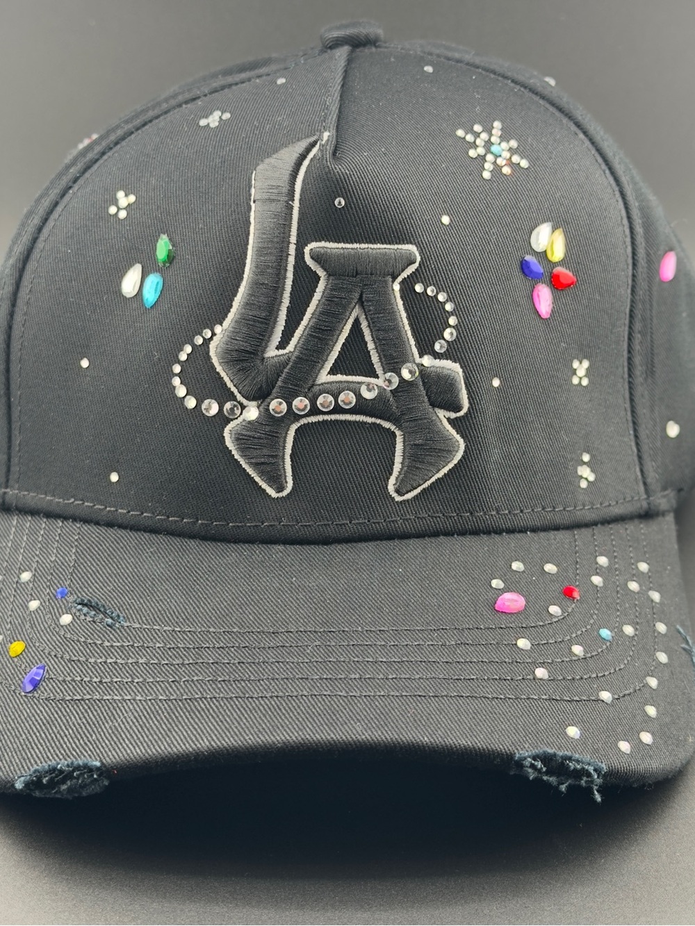 Black Embellished Kids Baseball Cap with Rhinestone LA Accent